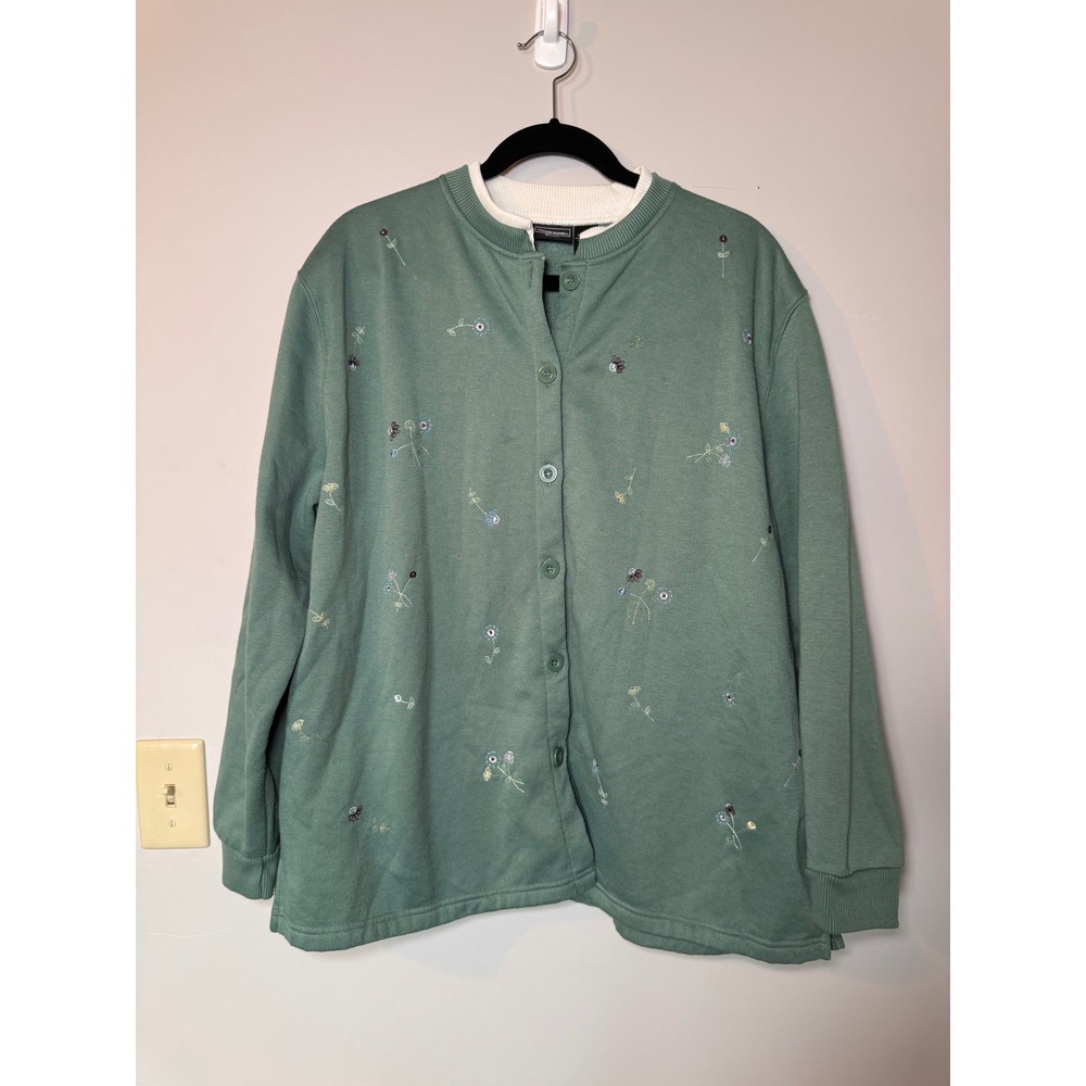 Bobbie Brooks Woman Sage Grn Floral Embroidered Button Front Sweatshirt 2XL 20W